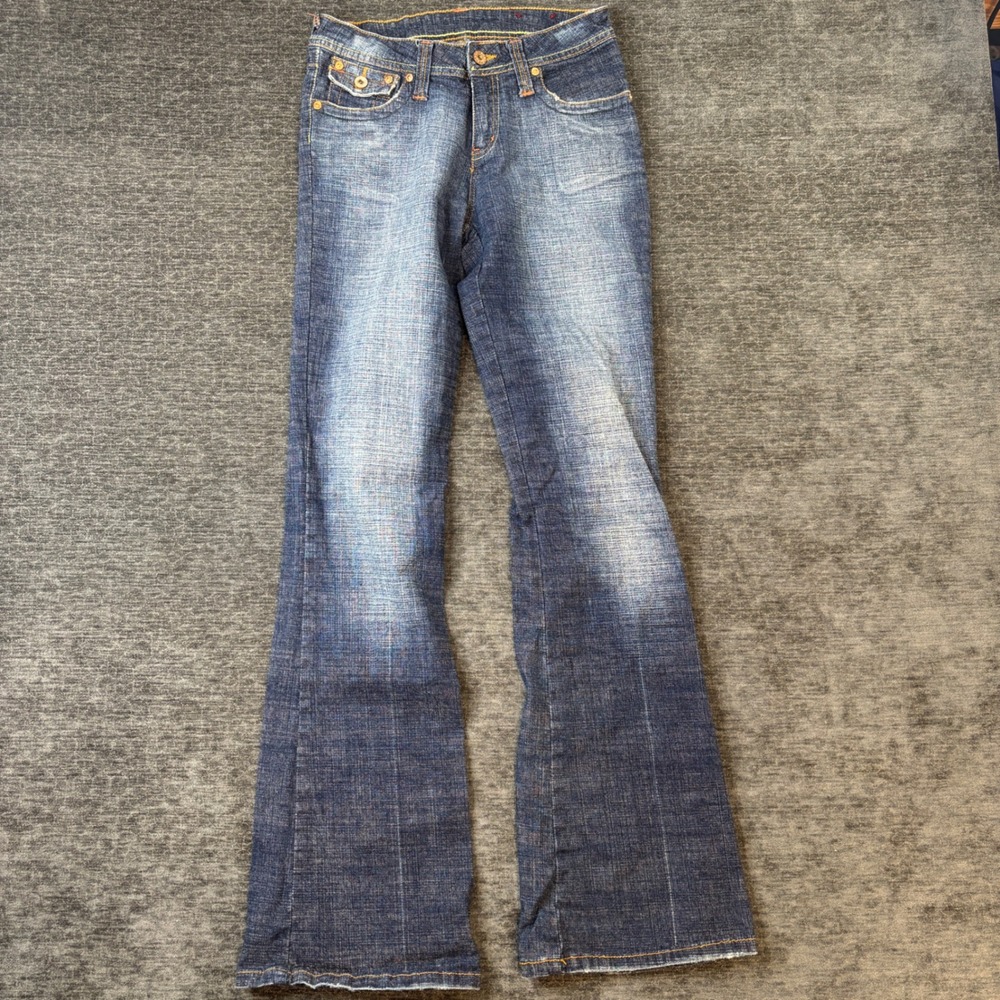 Vintage Bongo Flare Jeans Womens 7 Blue Denim Low Rise Dark Wash Stretch Y2K 00s